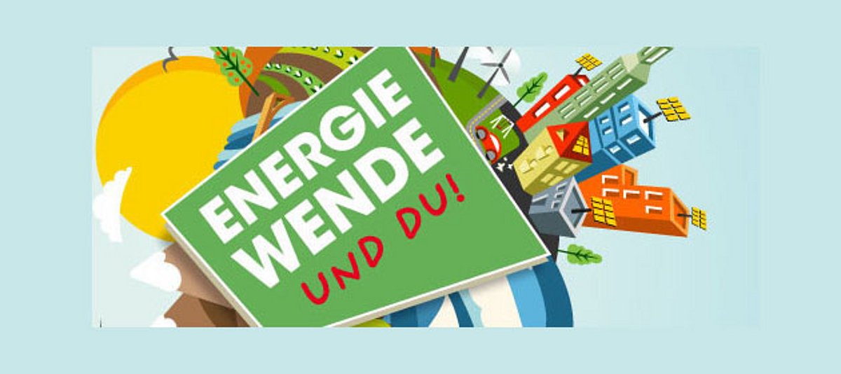Eine bunte Stadt mit der Logoaufschrift "Energiewende Und Du!"