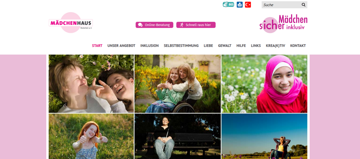 Screenshot des Portlas zeigt die Startseite mit unterschiedlichen Abbildungen von Mädchen und jungen Frauen
