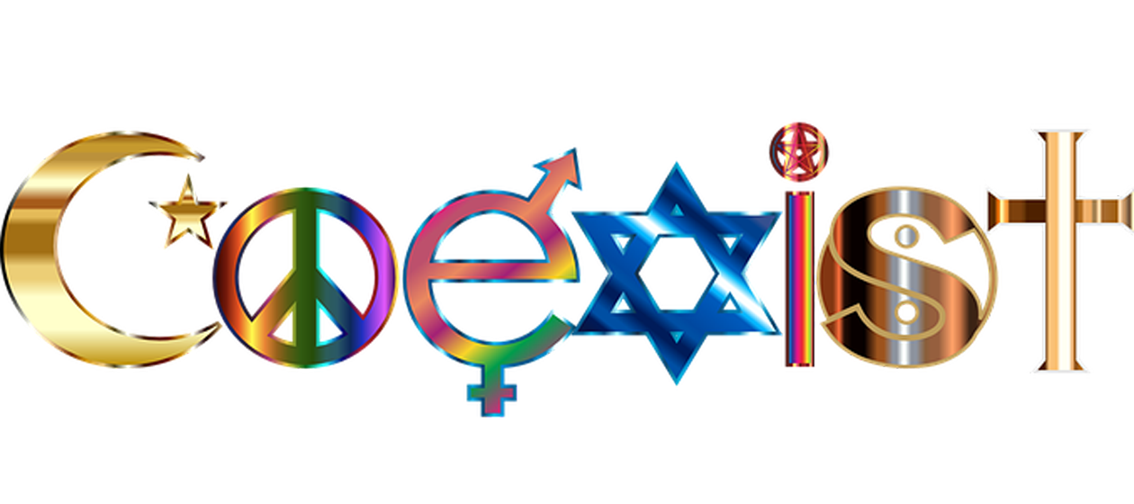 Collage mit Symbolen aus dem Islam, Christentum und Judentum zum friedlichen Miteinander der großen Weltreligionen 