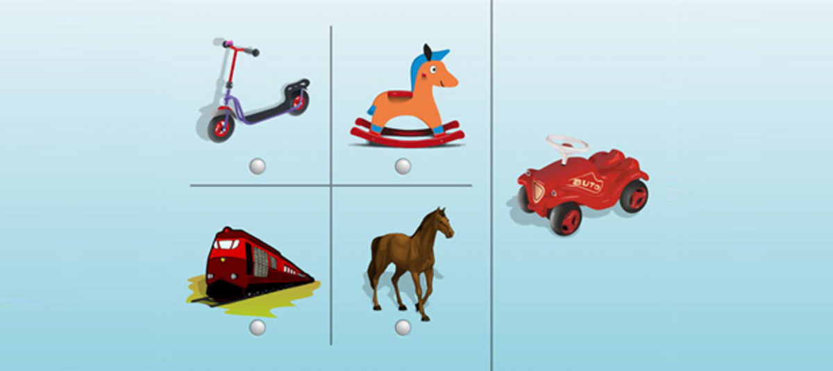 Symbole Tretroller, Schaukelpferd, Lok, Pferd und Bobby Car