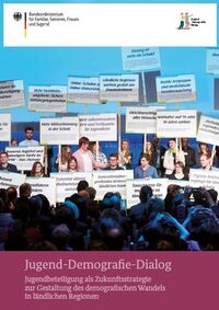 Cover der Broschüre mit Fotomotiv: PSt Marks mit Jugendlichen, die Schilder mit politischen Forderungen hochhalten
