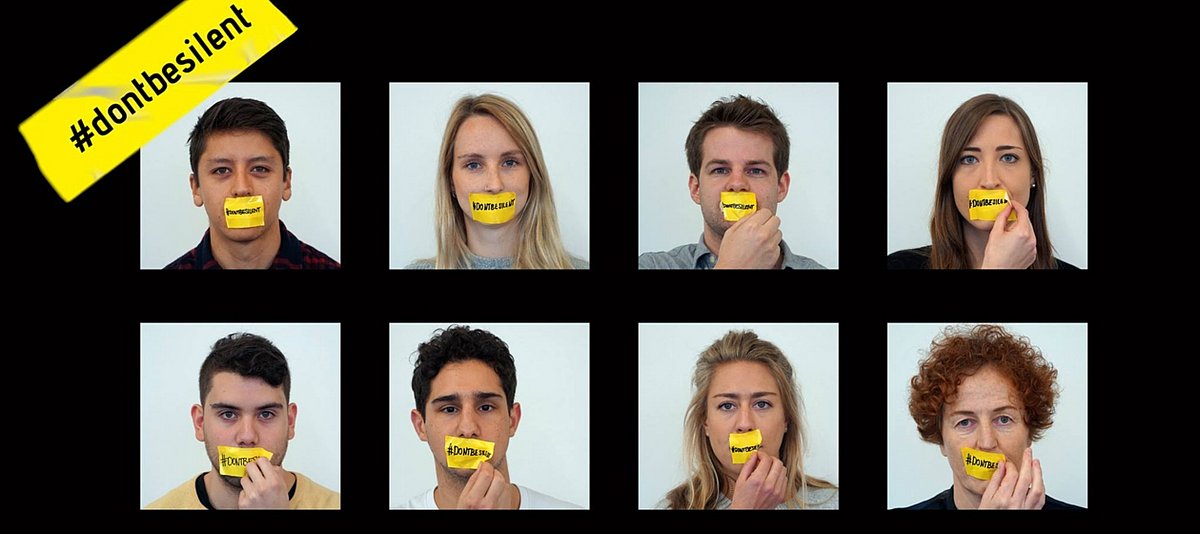 Ausschnitt aus dem Visual der Kampagne #dontbesilent: Personen haben einen gelben Aufkleber über dem Mund kleben