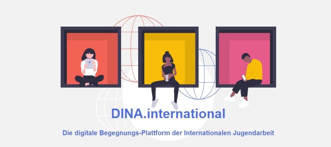 Die Startsteite von DINA zeigt als Grafik drei junge Menschen an digitalen Endgeräten in Fensterrahmen.