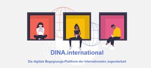 Die Startsteite von DINA zeigt als Grafik drei junge Menschen an digitalen Endgeräten in Fensterrahmen.