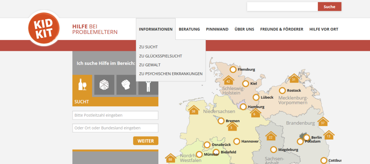 Startseite der Internetseite www.kidkit.de mit einer Landkarte die Beratungs- und Hilfeeinrichtungen auflistet
