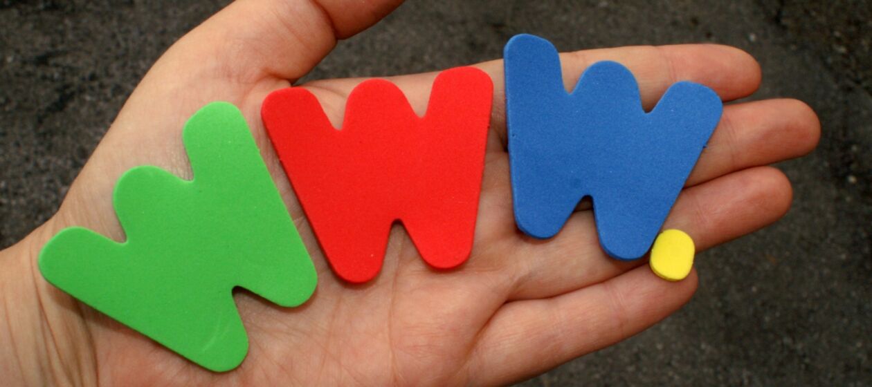Auf einer Kinderhand liegen die bunten Buchstaben www