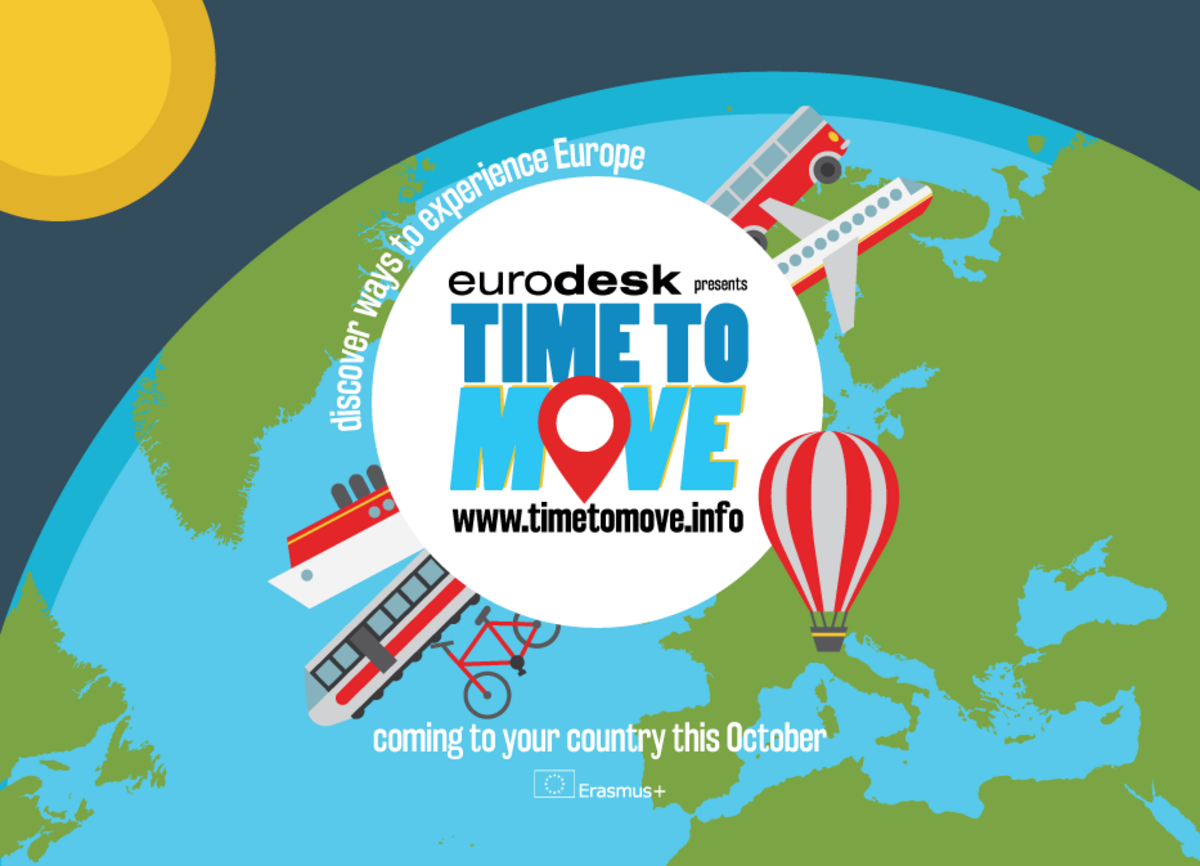 Logo der "Time to Move"‐Kampagne 2016: Weltkugel mit Flugzeug, Zug, Schiff, Heißluftballon, Bus und Fahrrad