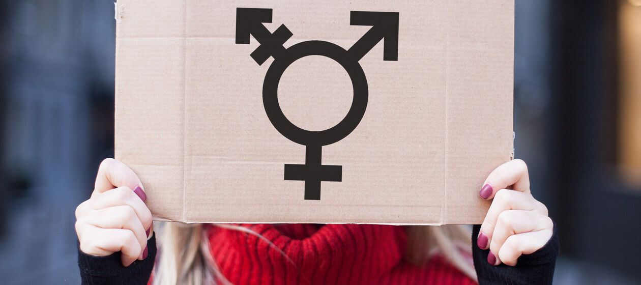 Transgendersymbol auf einer Pappe in den Händen vor das Gesicht gehalten