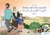 Cover der Publikation mit Titel und Zeichnung einer dreiköpfigen syrischen Familie auf der Flucht