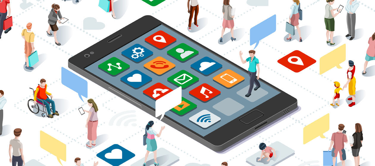 Eine farbige Illustration zeigt ein überdimensional großes Smartphone mit vielen App-Icons und Personen unterschiedlichen Alters und mit unterschiedlichen Attributen darum herum laufen