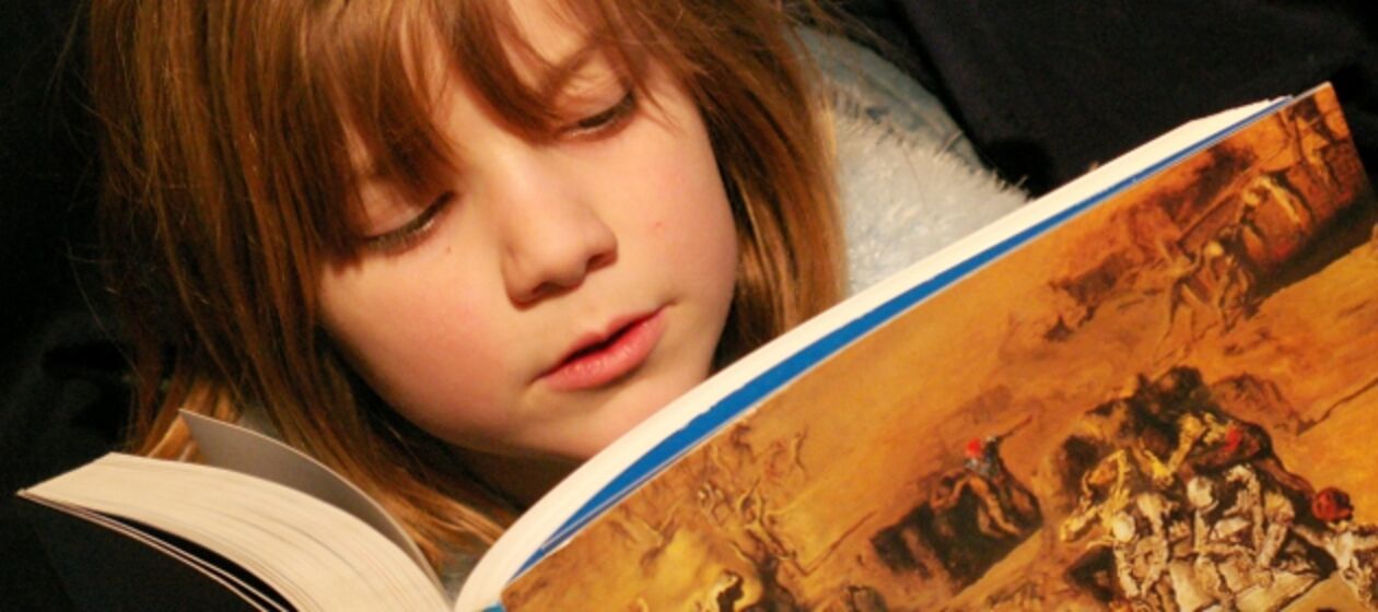 Ein Kind liest in einem Bilderbuch.