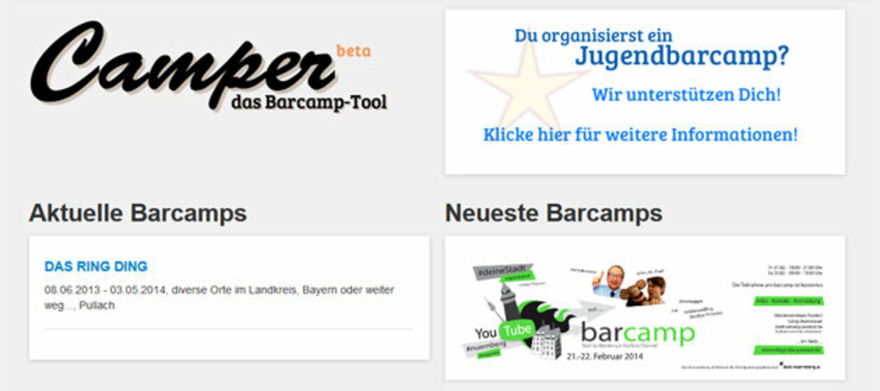 Homepage des BarCamp Tools Camper