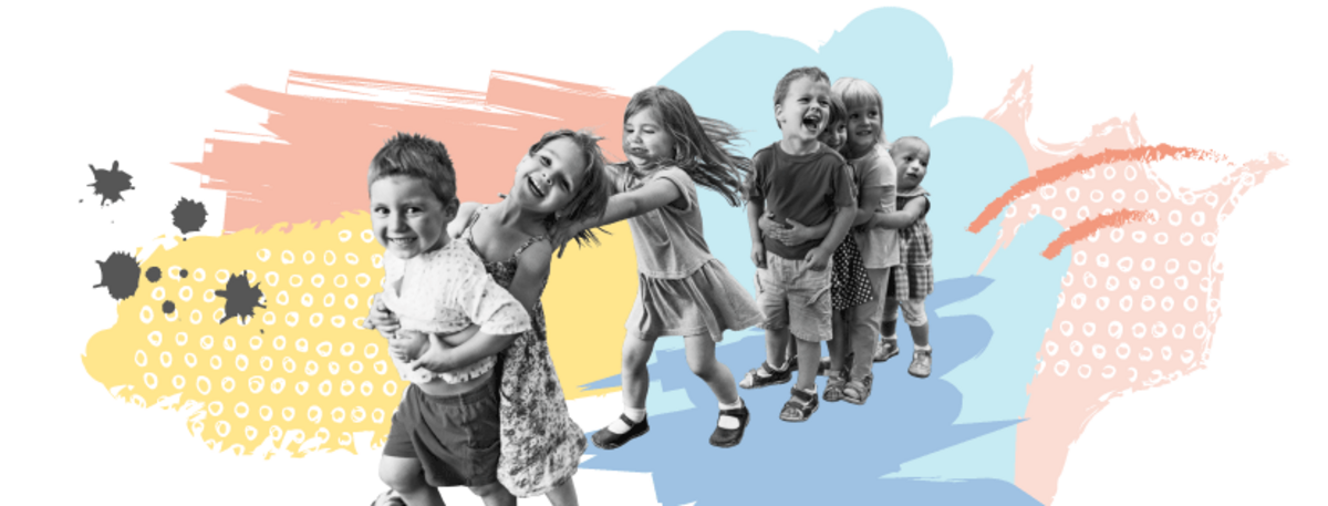 Lachende Kinder fassen sich an die Schultern und tanzen zum Teil eine Polonaise oder stehen dicht beieinander