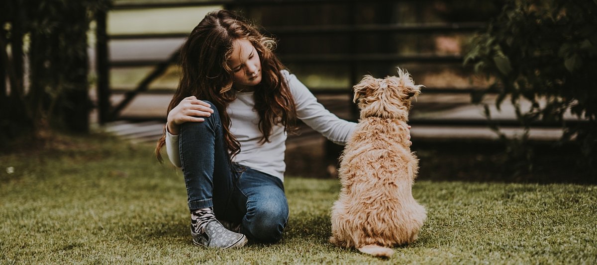 Ein Mädchen sitzt mit einem Hund auf einer Wiese und streichelt ihn