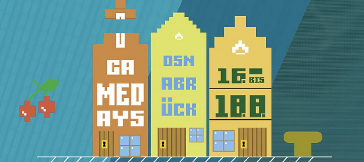 Das Plakat zu den Game Days zeigt Pixel-Häuser im Computerspiel-Stil mit den wichtigsten Veranstaltungsdaten
