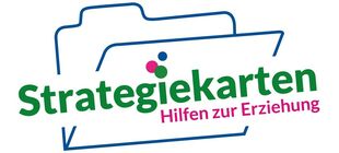 Logo: ein aufgeklappter Karteiordner mit grün-violettem Schriftzug "Strategiekarten. Hilfen zur Erziehung"