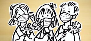 Zeichnung mit drei Kindern mit Atemschutzmaske und Blumen in der Hand