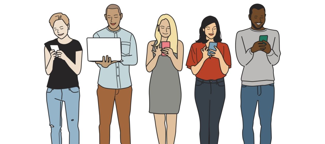 Eine Illustration zeigt fünf Personen, die ihr Smartphone oder einen Laptop benutzen
