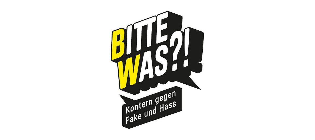 Logo "BITTE WAS?! Kontern gegen Fake und Hass" in gelb, weiß und schwarz