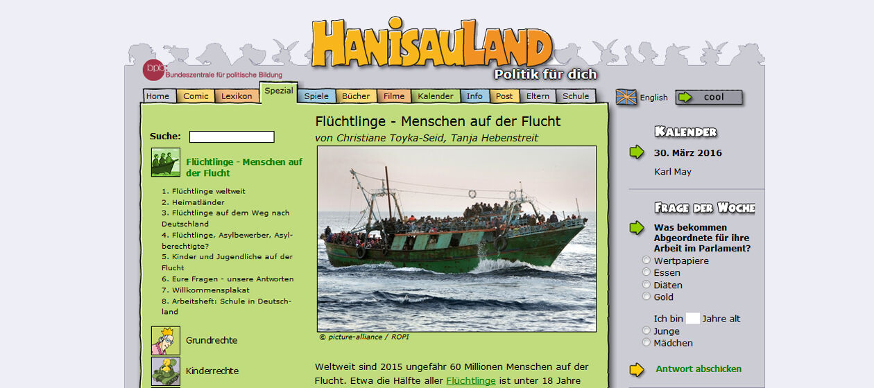 Screenshot Hanisaualand.de - Spezial zum Thema Flüchtlinge