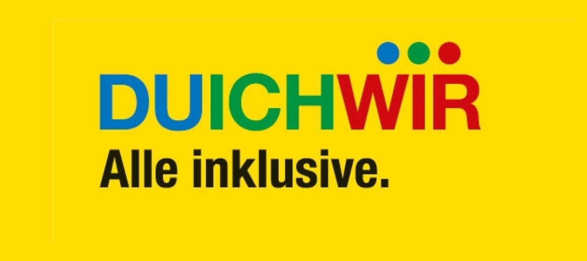 Text "DU ICH WIR - Alle inklusive" auf gelbem Hintergrund