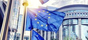 Die Flagge der Europäischen Union vor dem EU Parlament.