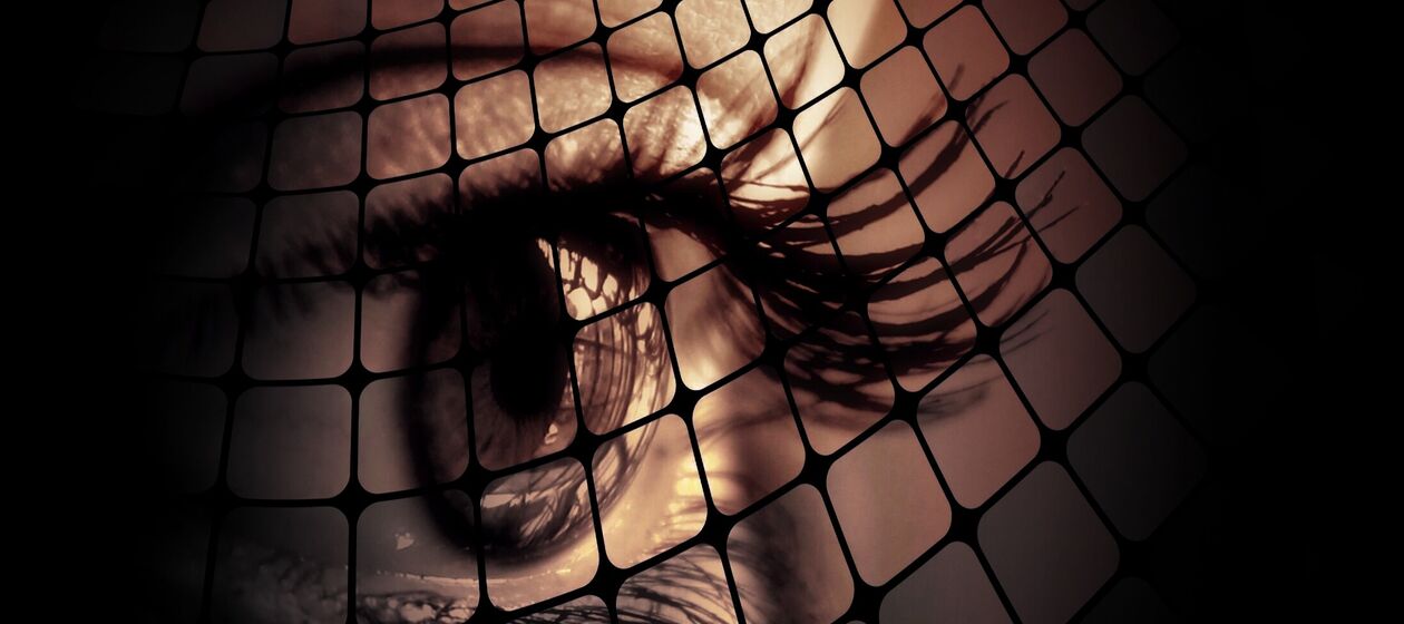 Auge einer Frau hinter einem Gitter