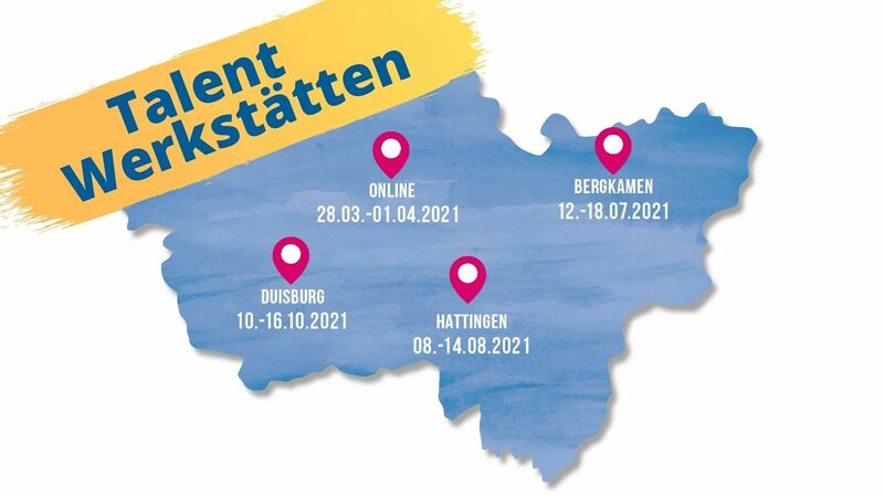 Eine Landkarte zeigt die Termine der Talentwerkstätten in Hattingen, Bergkamen und Duisburg
