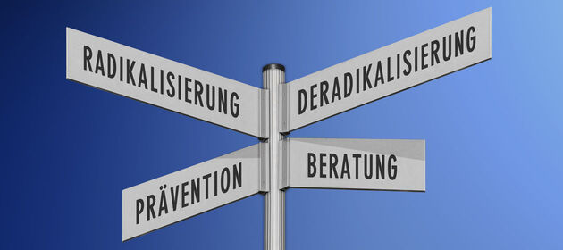 Vier Schilder als Wegweiser mit den Wörtern Radikalisierung, Deradikalisierung, Beratung und Prävention weisen in unterschiedliche Richtungen.