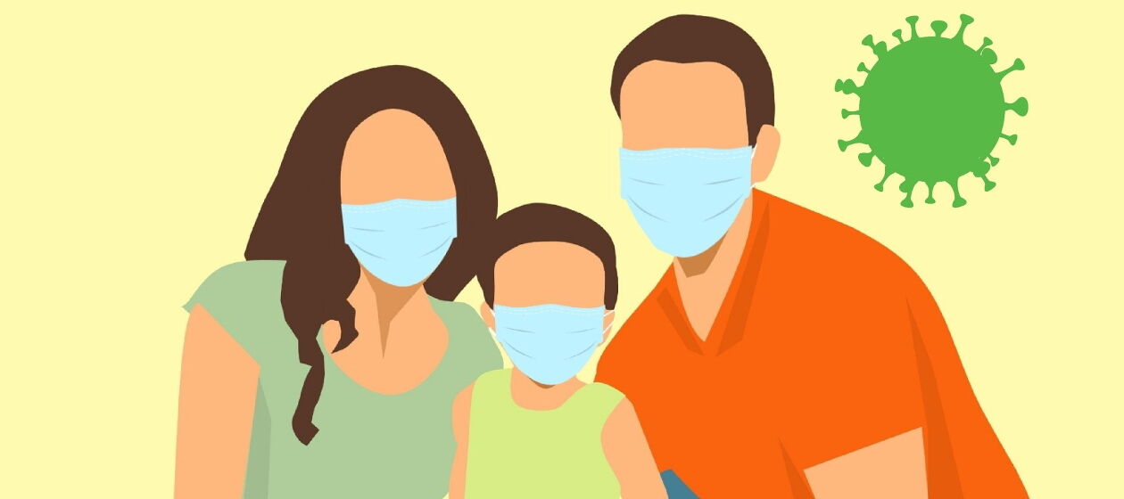 Eine Illustration zeigt Eltern mit ihrem Kind, alle tragen Atemschutzmasken