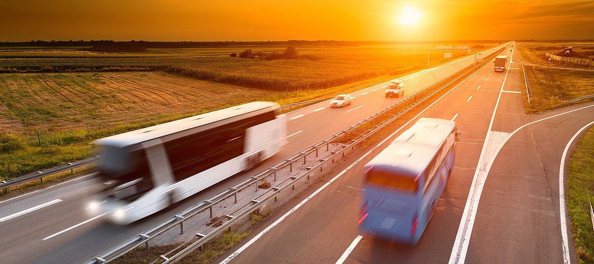 Busse auf Autobahn während die Sonne untergeht