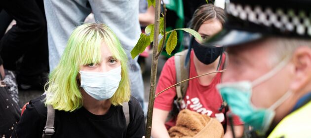 Eine junge Frau mit grünen Haaren trägt eine Mund-Nase-Bedeckung und sitzt mit einem Zweig in der Hand auf einer Demonstration