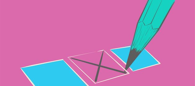 Illustration auf pinkfarbenem Hintergrund: Ein Bleistift macht ein Kreuz in einem Kästchen