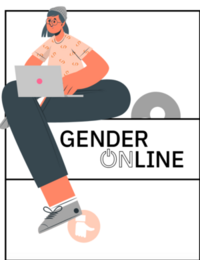 Schriftzug GenderOnline und Illustration von einer Jugendlichen mit einem Laptop