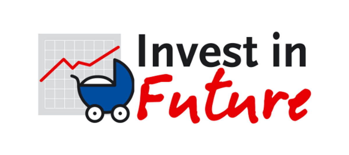 Logo Invest in Future: Schriftzug mit Kinderwagen und Chart