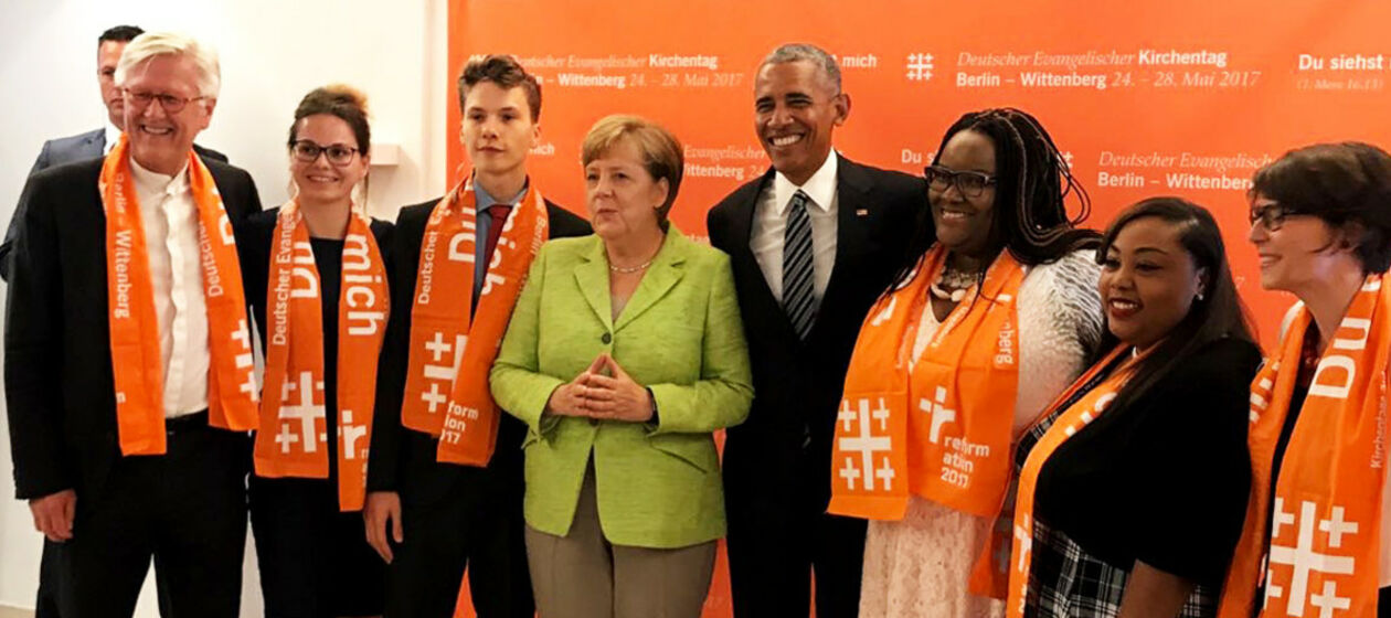 Barack Obama und Angela Merkel beim Gespräch mit Jugendlichen auf dem Deutschen Evangelischen Kirchentag in Berlin