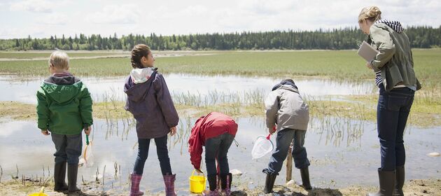 Eine Gruppe Kinder und eine Erwachsene Person stehen mit Gummistiefeln und Keschern in einer Sumpflandschaft