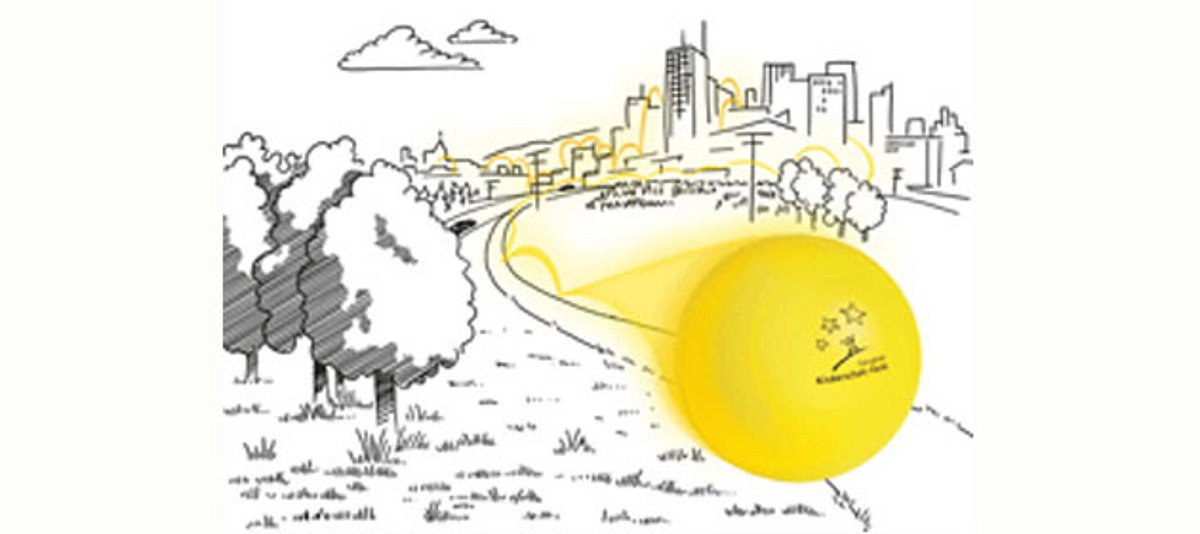Ein gelber Ball springt kreuz und quer durch Stadt und Land.