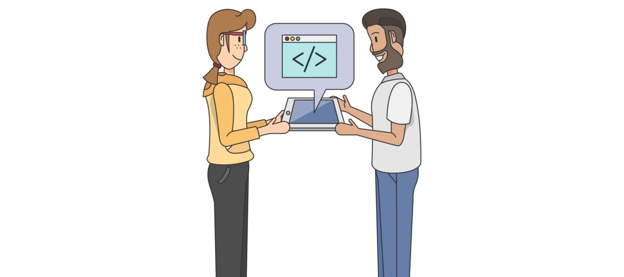 Grafik mit zwei Personen die ein Tablet halten über dem eine Sprechblase mit Webcode ist