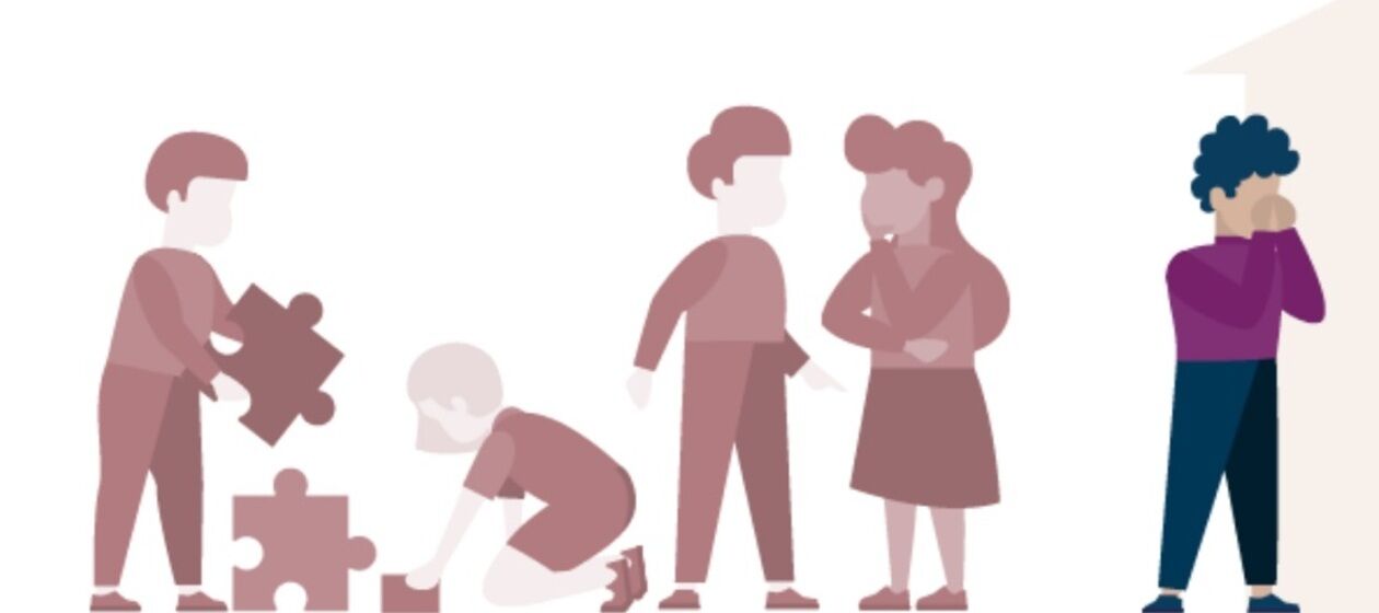Grafik: vier Kinder spielen gemeinsam. Ein fünftes Kinde steht abgewandt mit den Händen vor dem Gesicht.