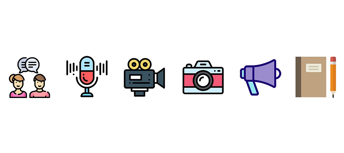 Verschiedene Icons - z.B. eine Kamera und ein Megaphon - auf weißem Hintergrund