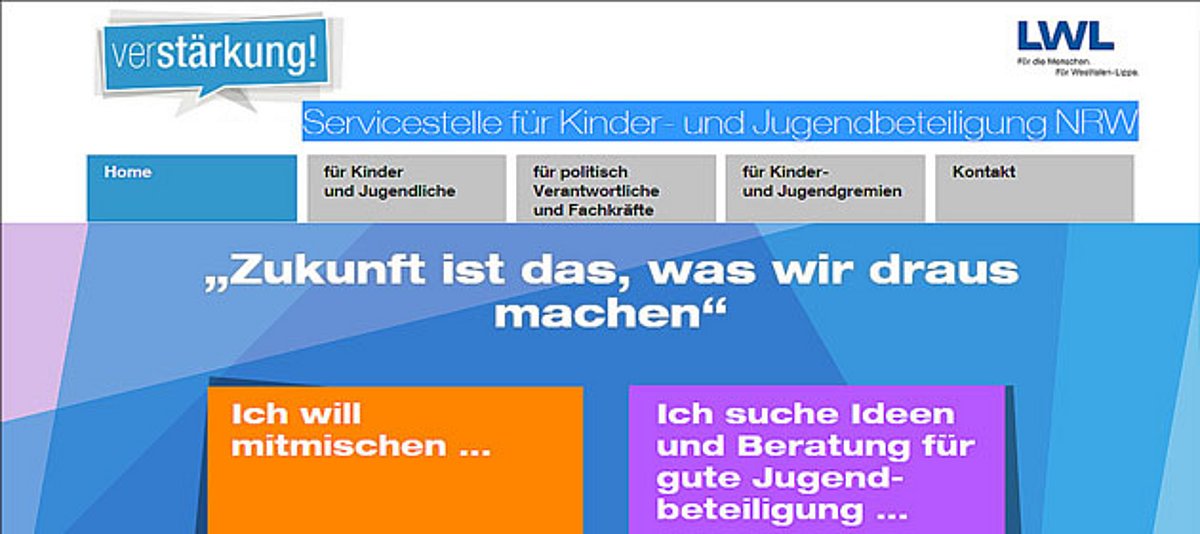 Screenshot der Startseite des Internetangebotes der Servicestelle Kinder- und Jugendbeteiligung NRW