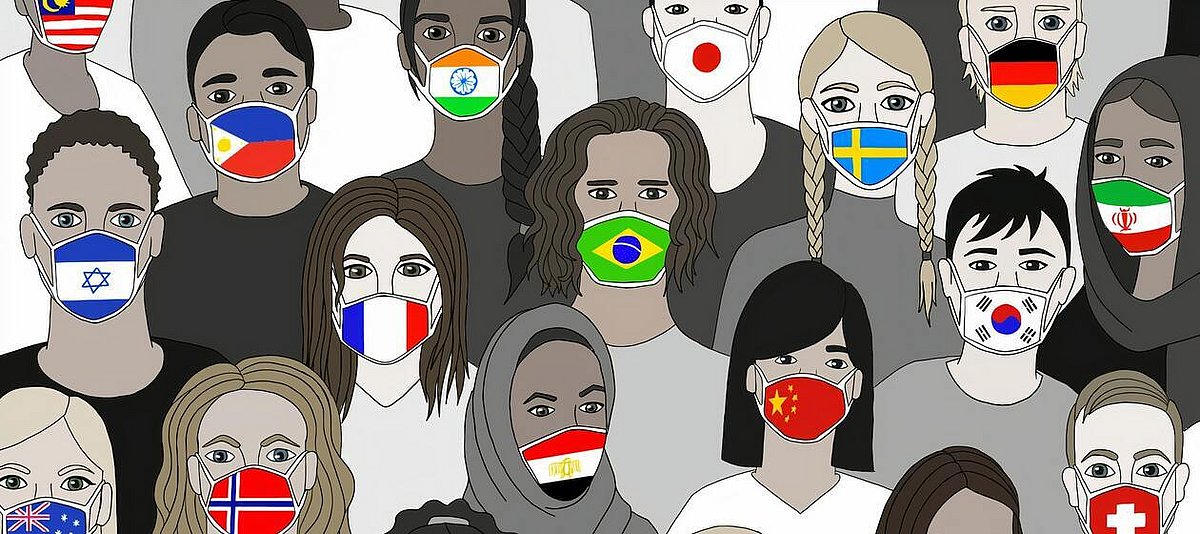Eine Zeichnung zeigt Menschen aus verschiedenen Ländern mit Masken in den Farben ihrer Nationalflaggen.