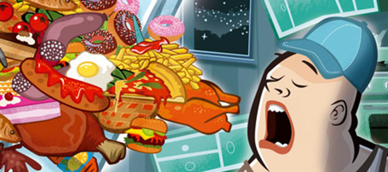 Filmcover Comiczeichnung: Korpulentem Mann fliegen Lebensmittel aus geöffnetem Kühlschrank in den offenen Mund