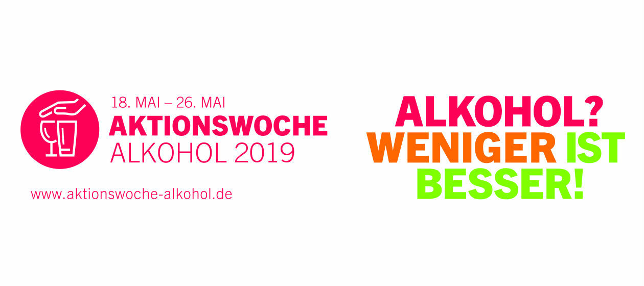 Logo der Aktionswoche Alkohol mit dem Slogan "Weniger ist besser" in Rot und Grün