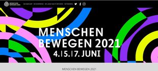 Screenshot der Veranstaltungswebsite: Schriftzug „Menschen bewegen 2021“ und bunte Kreise auf schwarzem Grund