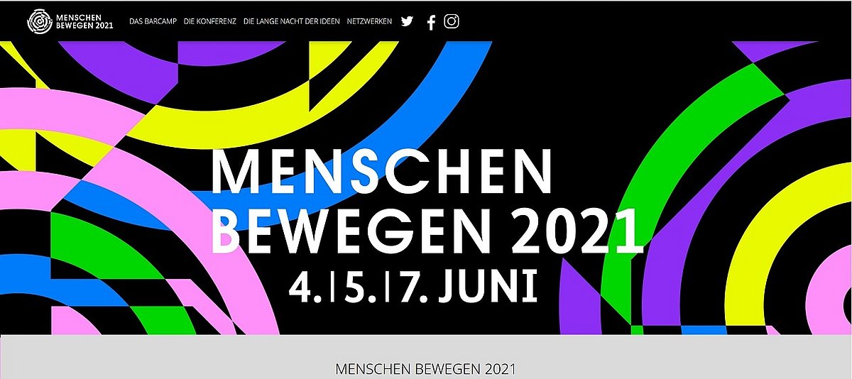 Screenshot der Veranstaltungswebsite: Schriftzug „Menschen bewegen 2021“ und bunte Kreise auf schwarzem Grund