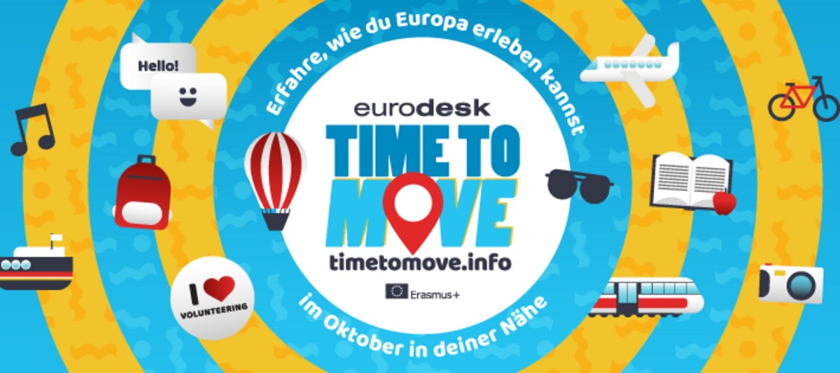Logo der Time to Move Kampagne 2017 vor einem Hintergrund mit gelben und blauen Kreisen und verschiedenen Icons.