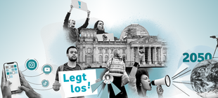 Illustration mit jungen Menschen vor dem Reichstagsgebäude
