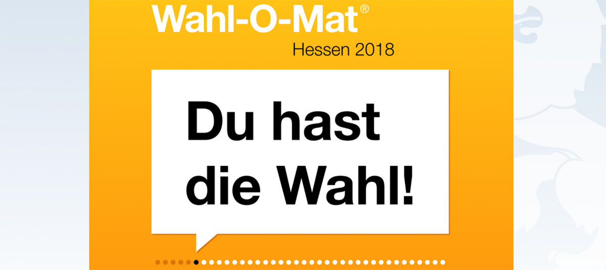 Orangefarbener Startbildschirm des Wahl-O-Mats zur Landtagswahl in Hessen